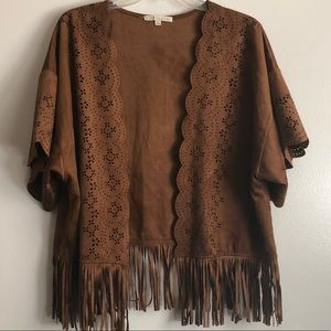 Brown faux suede fringe cardigan